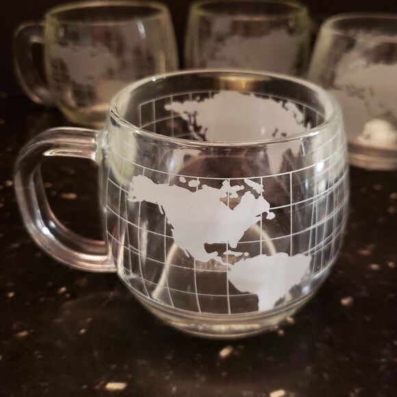 Nestle Nescafe Coffee Cup Mugs World Map Globe Clear Etched Glass Vintage set 6 - Picture 4 of 15